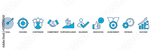 Perseverance icon set Blue Monochrome Flat Design concept for goal, focused, confidence, commitment, purposefulness, diligence, dedication, achievement, patience and success
