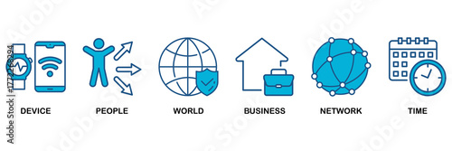 Internet of things icon set Blue Monochrome Flat Design concept for device, people, world, business, network and time