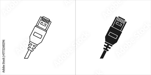 Two icons of an ethernet cable connector, one outlined and one solid black