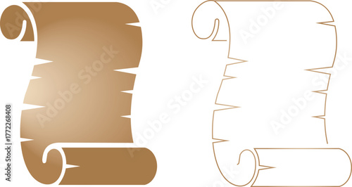 Old scroll paper icon set, antique parchment, vintage manuscript, and rolled document collection, ancient writing and medieval paper group in black, flat, line, and gradient style vector illustration