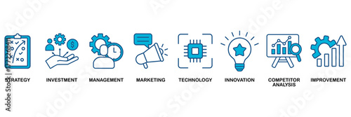 Business development icon set Blue Monochrome Flat Design concept for strategy, investment, management, marketing, technology, innovation, competitor analysis, improvement