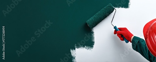 A person paints a wall with a roller brush, showcasing a deep green color against a white background, emphasizing home improvement and DIY projects.