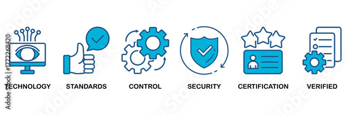ISO27001 icon set Blue Monochrome Flat Design concept for for information security management system (ISMS) with an icon of technology, standards, control, security, certification, and verified