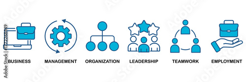 Business management icon set Blue Monochrome Flat Design concept for business, management, organization, leadership, teamwork and employment