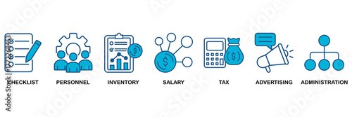 Cost reduction icon set Blue Monochrome Flat Design concept for checklist, personnel, inventory, salary, tax, advertising and administration