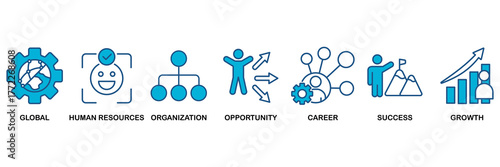 Management icon set Blue Monochrome Flat Design concept for global, human resources, organization, opportunity, career, success and growth
