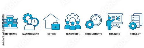 Corporate management icon set Blue Monochrome Flat Design concept for corporate, management, office, teamwork, productivity, training and project