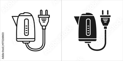 Two icons of an electric kettle with a plug, one outline and one filled