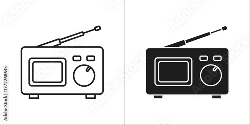 Vintage radio with antenna, one outlined and one solid black
