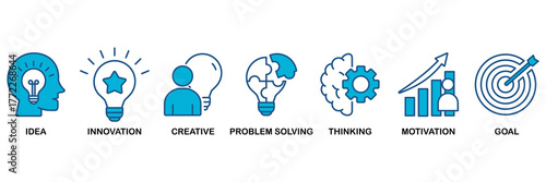 Creativity icon set Blue Monochrome Flat Design concept for idea, innovation, creative, problem solving, thinking, motivation, goal