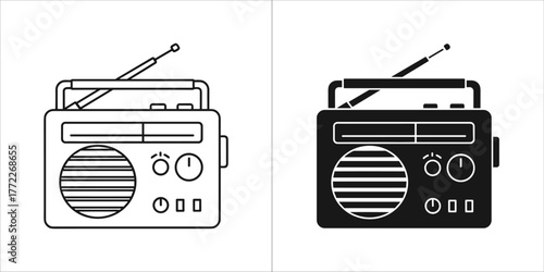 Portable radio receiver icon, black and white outline and silhouette