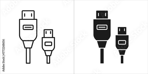 Hdmi cable connector icon, black and white outline and silhouette