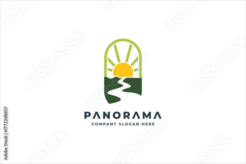 Sea Lake River Evergreen Forest Mountain Landscape Silhouette for outdoor adventure logo design
