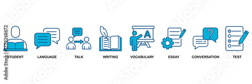 English class icon set Blue Monochrome Flat Design concept for student, language, talk, writing, vocabulary, essay, conversation, test