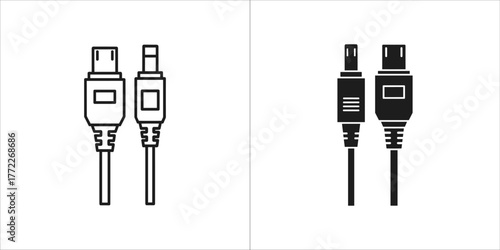 Two different types of usb cables, one in outline and one in solid black