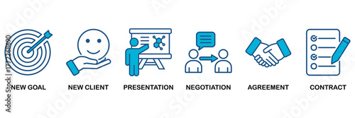 Business contract icon set Blue Monochrome Flat Design concept for new goal, new client, presentation, negotiation, agreement, contract