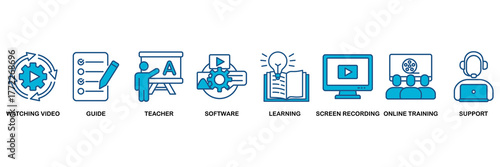 Video tutorial icon set Blue Monochrome Flat Design concept for watching video, guide, teacher, software, learning, screen recording, online training, support