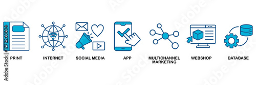 Cross-media icon set Blue Monochrome Flat Design concept for print, internet, social media, app, multichannel marketing, webshop and database
