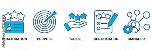 Asset manager icon set Blue Monochrome Flat Design concept for qualification, purpose, value, certification and manager
