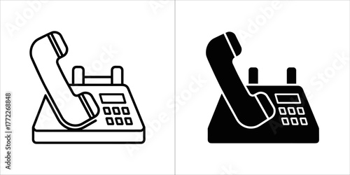 Set of two icons of a telephone, one in outline and one in solid black