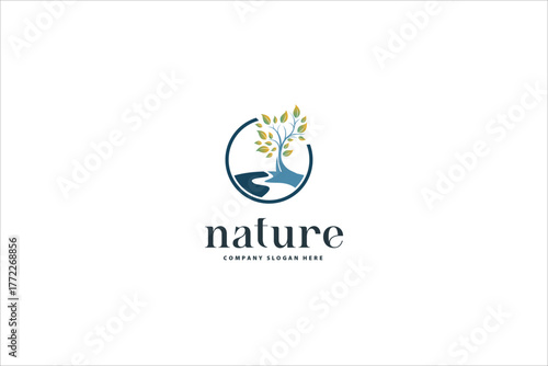 Root Leaf Family Tree of Life Oak Banyan Maple Stamp Seal Emblem Label logo design vector