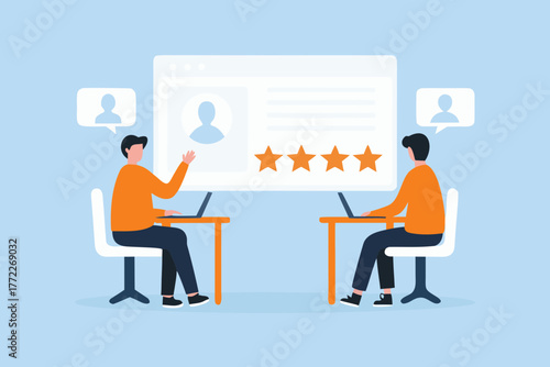 Two people using laptops to review a profile with star ratings and feedback bubbles