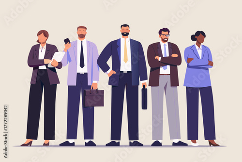 Diverse group of five business professionals standing together in formal attire with briefcases and documents