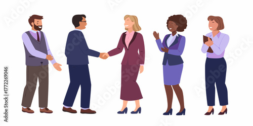 Diverse group of business professionals in a meeting shaking hands and collaborating