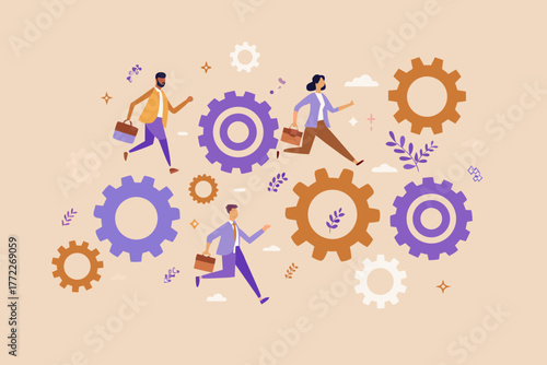 Diverse business people running with briefcases among gears and abstract shapes representing teamwork and progress