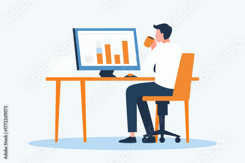 Man sitting at desk drinking coffee and looking at financial charts on computer screen