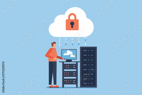 Man interacting with computer and servers under a secure cloud with a padlock symbol
