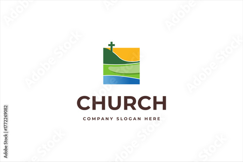 church logo designs mountain with sun