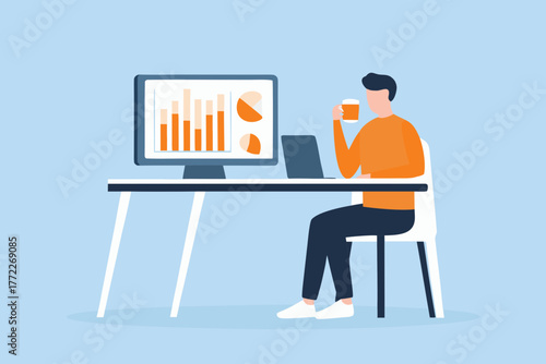 Man working at desk with computer showing financial charts and holding a cup of coffee