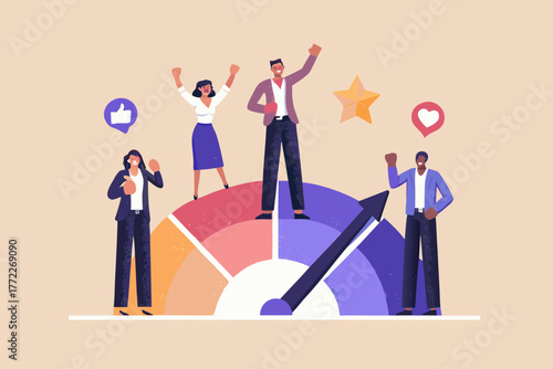 Diverse team celebrating success on a performance meter with positive feedback icons