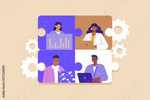 Diverse team collaborating in a virtual meeting represented by puzzle pieces and gears