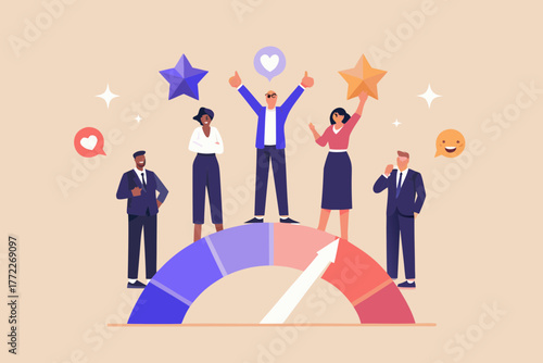 Diverse team celebrating high performance and customer satisfaction with stars and feedback icons