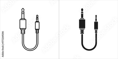 Two icons of a audio cable with jack plugs, one outlined and one solid black