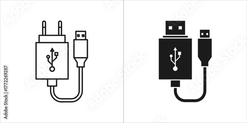 Usb charger and cable, one outlined and one filled