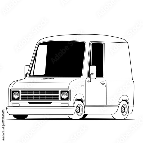 Vector illustration of a retro delivery van in clean black and white line art style, ideal for transport concept designs, automotive posters, or logo templates