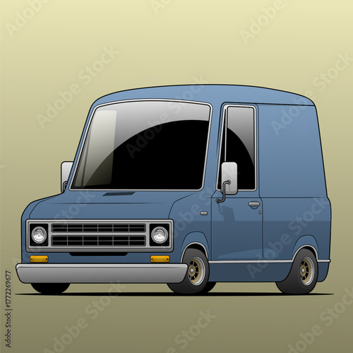 Cartoon blue delivery van with tinted windows and stylized wheels, isolated on beige background, vector illustration for logistics, transport, or animation design use