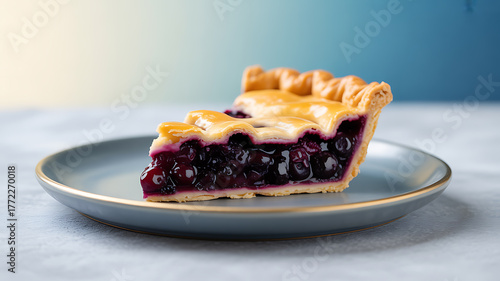 A slice of blueberry pie with a golden crust served on a gray plate