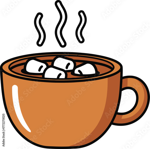 Steaming mug of hot chocolate with marshmallows illustration on light background