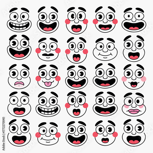 Cartoon faces. Expressive eyes and mouth, smiling, crying and surprised character face expressions. Caricature comic emotions or emoticon doodle. Isolated vector illustration icons set