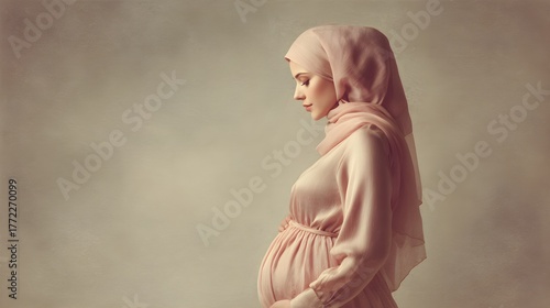 A serene pregnant woman in a soft pink dress and matching hijab cradles her belly, her profile capturing a moment of anticipation. The neutral background enhances her natural glow and tranquility.