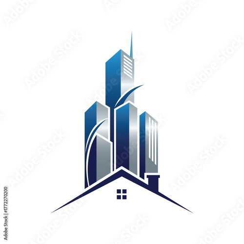 Sleek architectural logo with skyscrapers and a house roof motif