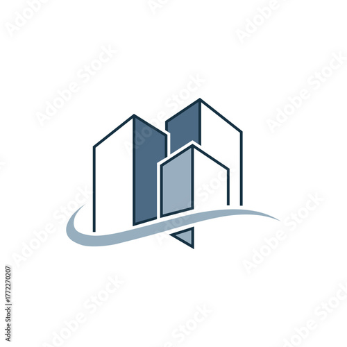 Modern abstract logo design featuring stylized buildings and a swoosh element
