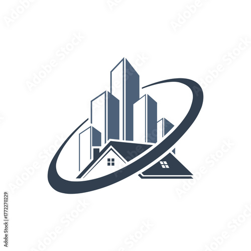 Dynamic logo featuring buildings within an elliptical orbit
