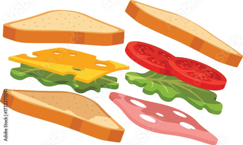 Cartoon sandwich with floating ingredients on a light green background vector art