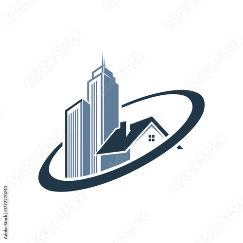 Real estate logo featuring a modern skyscraper and a house within an oval shape