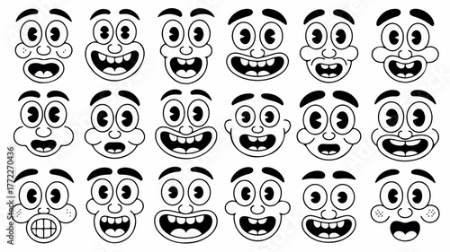 Funny retro cartoon character face drawing set on isolated background. Black and white vintage animation art style bundle. Trendy 50s mascot, facial expression graphic, mascot gesture sticker.